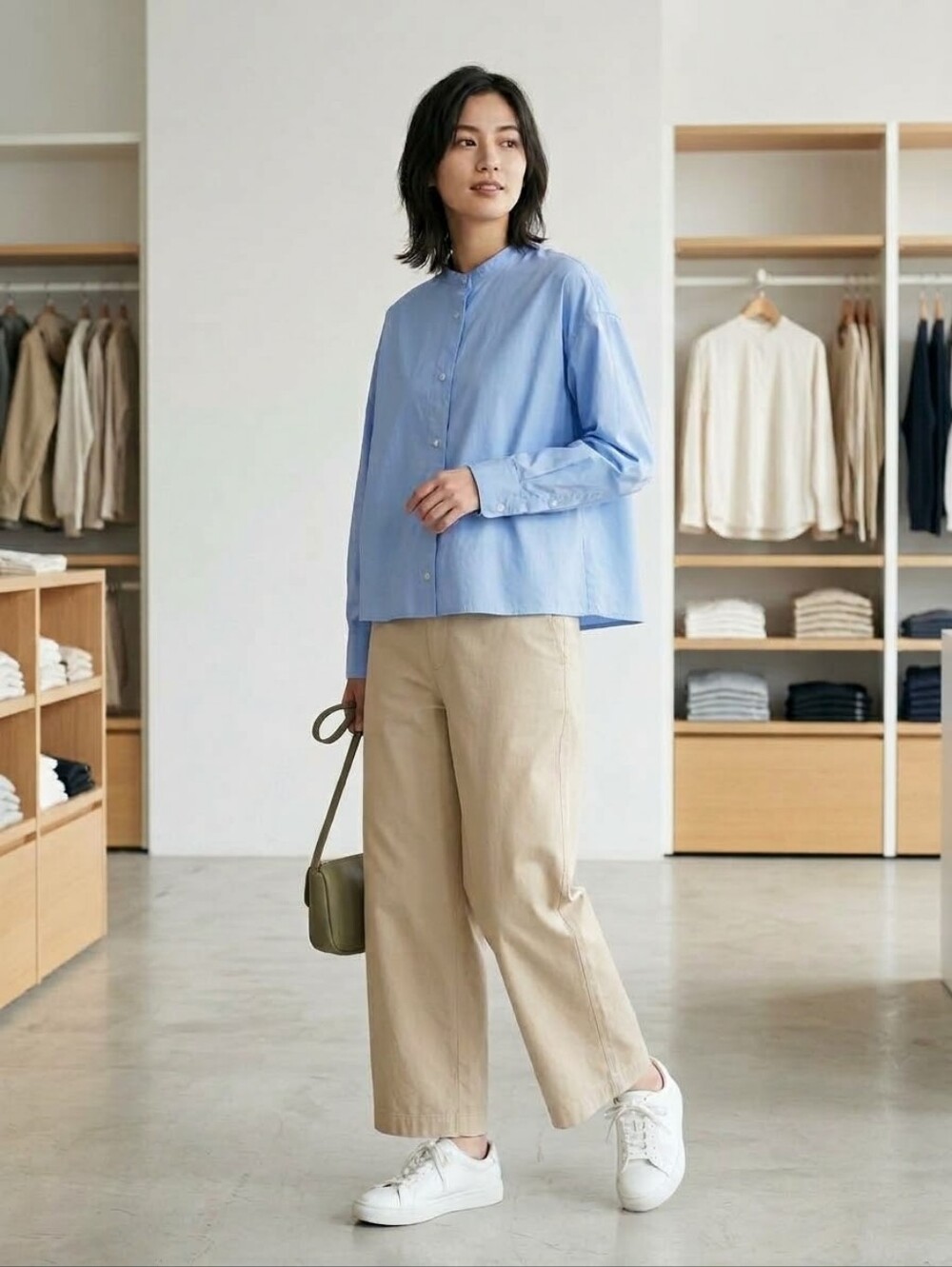 Uniqlo Cotton Light Blue Band Collar Long Sleeve Minimalist Capsule Blouse M